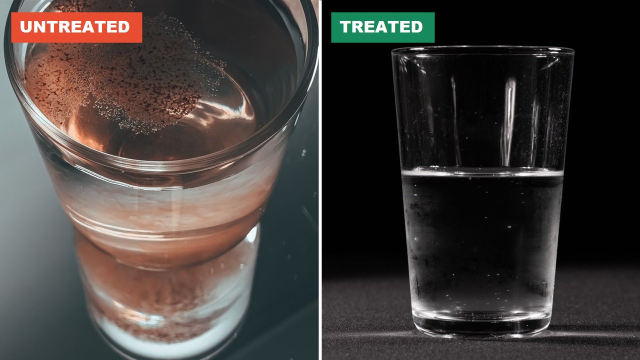 Side-by-side comparison — a real glass of iron-laden water with brown sediment versus a clear glass of treated water