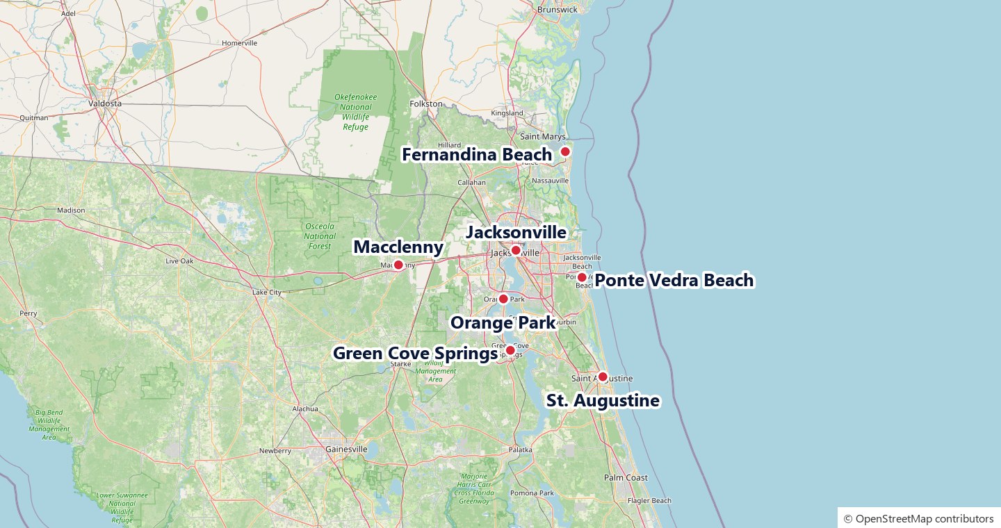 Map of the Jacksonville and Northeast Florida service area of Waterboy Jax, marking Jacksonville, Ponte Vedra Beach, Orange Park, Fernandina Beach, Macclenny, Green Cove Springs and St. Augustine